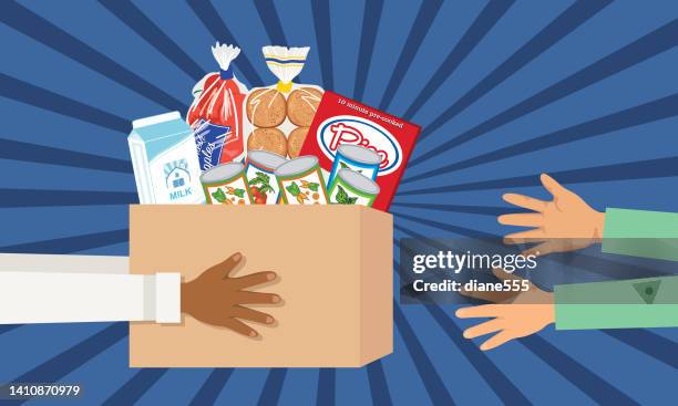 ilustrações, clipart, desenhos animados e ícones de caixa de doação de alimentos para a unidade de caridade - food drive