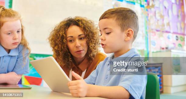 digital tablet in the classroom - teachers education uniform stockfoto's en -beelden
