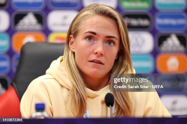 Magdalena Eriksson of Sweden talks to the media during the UEFA Women's Euro England 2022 Sweden press conference at Bramall Lane on July 25, 2022 in...