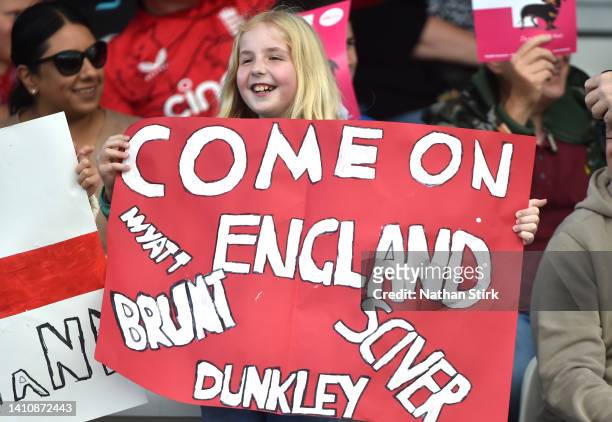 England fan enjoys the atmosphere during the 3rd Vitality IT20 match between England Women and South Africa Women at The Incora County Ground on July...