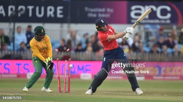 Nat Sciver of England is bowled by Nonkululeko Mlaba of South Africa during the 3rd Vitality IT20 match between England Women and South Africa Women...