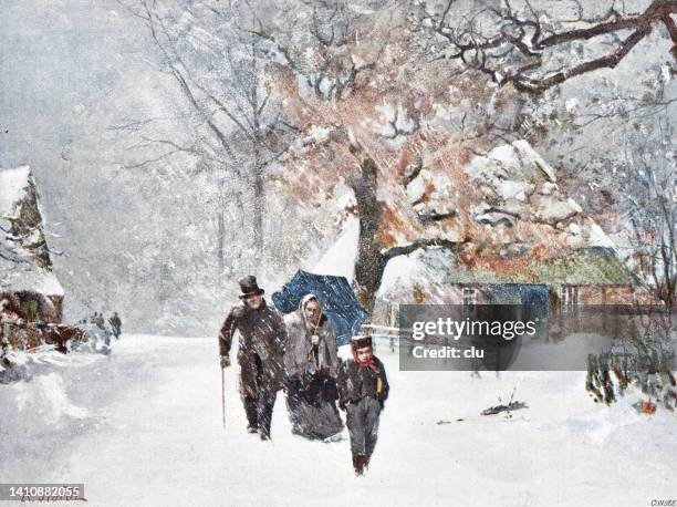 going to church on christmas morning when it's snowing - archival christmas stock illustrations