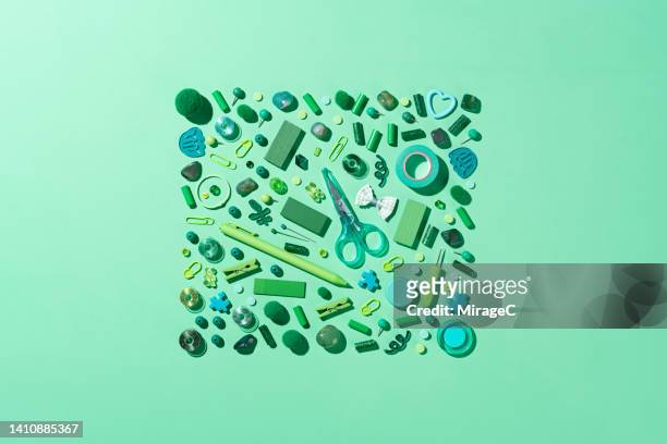 organized green colored sewing items and tools for handcraft diy - knolling tools stock pictures, royalty-free photos & images