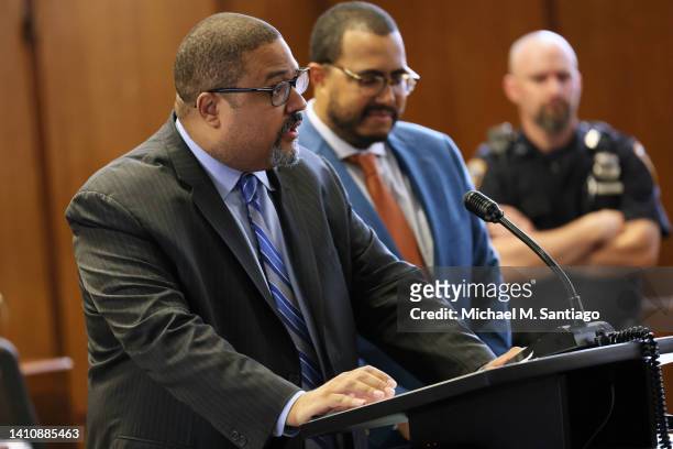 Manhattan District Attorney Alvin L. Bragg, Jr. Speaks during a press conference regarding Steven Lopez and the Central Park jogger case at New York...