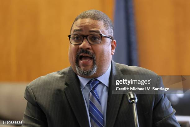 Manhattan District Attorney Alvin L. Bragg, Jr. Speaks during a press conference regarding Steven Lopez and the Central Park jogger case at New York...