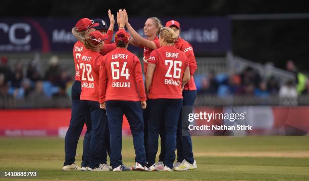 Freya Kemp of England celebrates after she gets Anneke Bosch of South Africa out during the 3rd Vitality IT20 match between England Women and South...