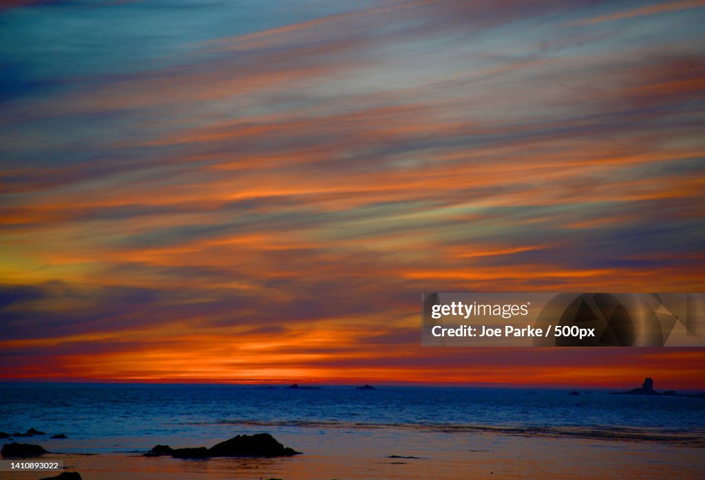 Scenic view of sea against dramatic sky during sunset