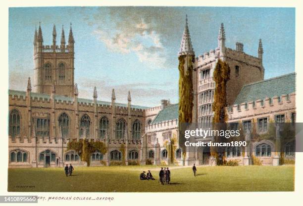 chapel and library of magdalen college, oxford , england, 1890s, 19th century - oxford england architecture stock illustrations
