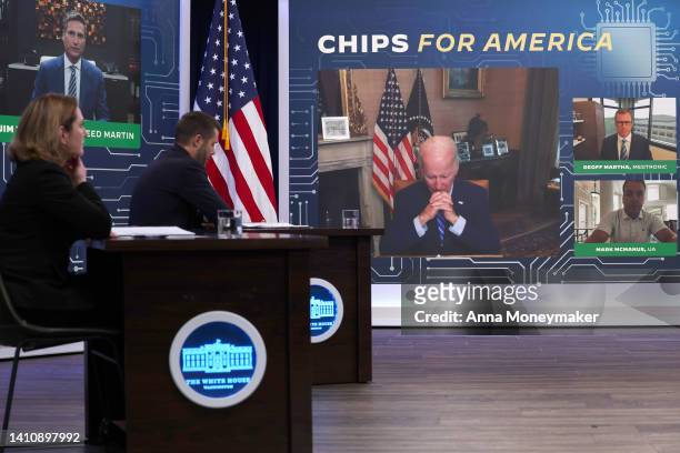 President Joe Biden participates virtually in a meeting on the Creating Helpful Incentives to Produce Semiconductors for America Act, in the South...