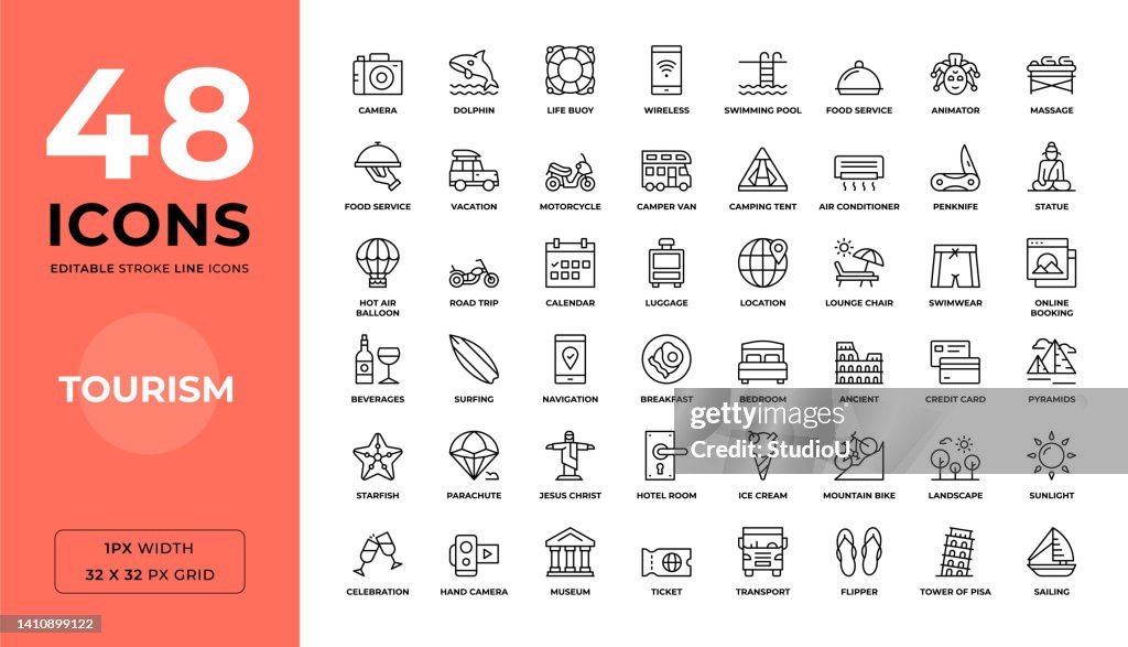 Iconos de línea de trazo editables de turismo