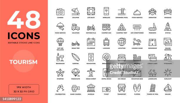 stockillustraties, clipart, cartoons en iconen met tourism editable stroke line icons - travel service