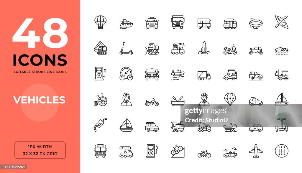 Vehicles Editable Stroke Line Icons