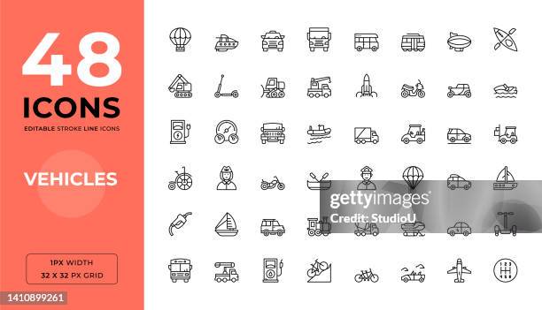 stockillustraties, clipart, cartoons en iconen met vehicles editable stroke line icons - klassieke auto
