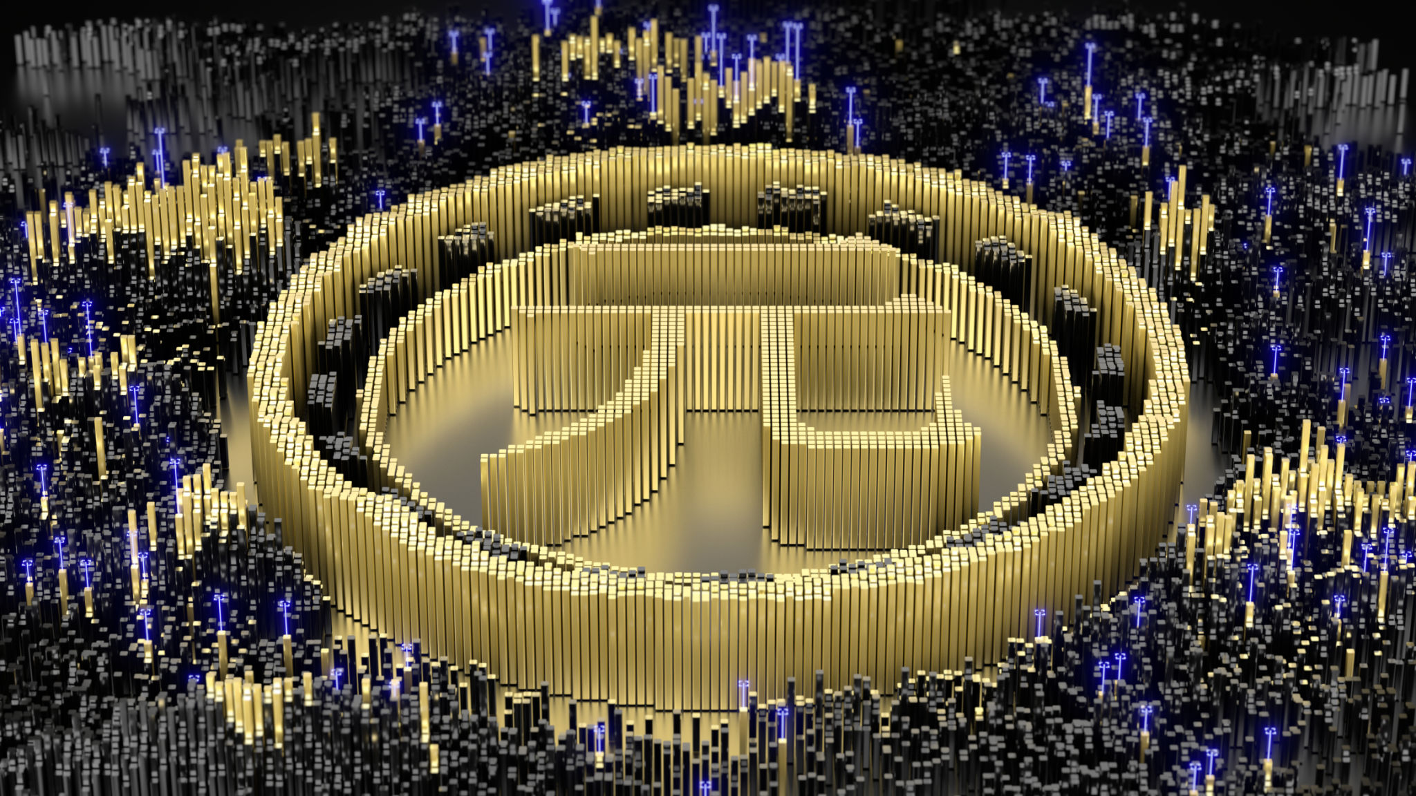 CNY symbol in an abstract microstructure of black and gold blocks. 3d rendering image. Futuristic concept art. CNY symbol in an abstract microstructure of black and gold blocks. 3d rendering image. Futuristic concept art.