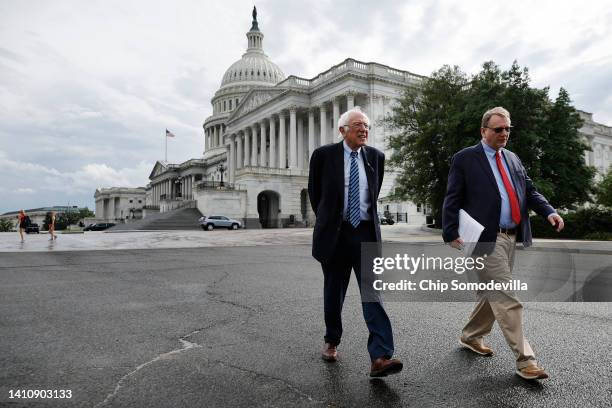 Senate Budget Committee Chairman Bernie Sanders walks out of the U.S. Capitol after delivering a speech against the CHIPS Act on the floor of the...