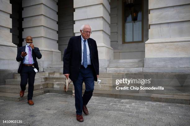 Senate Budget Committee Chairman Bernie Sanders walks out of the U.S. Capitol after delivering a speech against the CHIPS Act on the floor of the...
