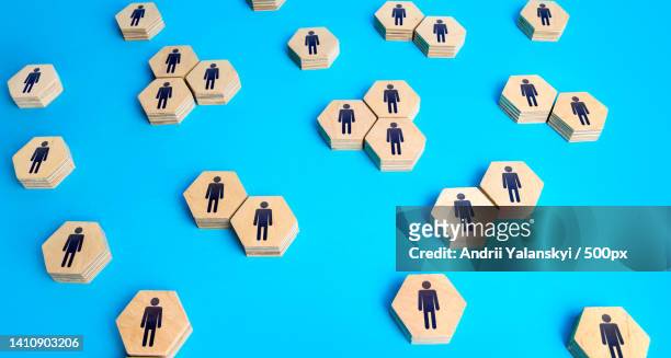 business concept flat lay with wooden hexagon shapes on blue background,ukraine - business flat lay stock pictures, royalty-free photos & images