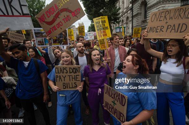 Junior Doctors protest outside Downing street blocking part of Whitehall for over an hour on July 25, 2022 in London, England. The Doctors' and...