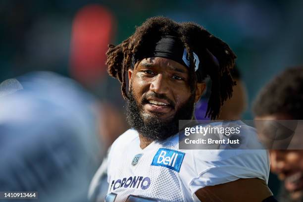 Wynton McManis of the Toronto Argonauts on the sideline during the game between the Toronto Argonauts and Saskatchewan Roughriders at Mosaic Stadium...