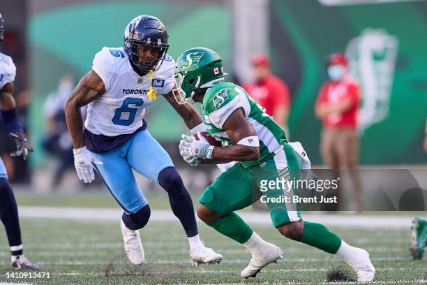Chris Edwards of the Toronto Argonauts looks to make a tackle in the game between the Toronto Argonauts and Saskatchewan Roughriders at Mosaic...