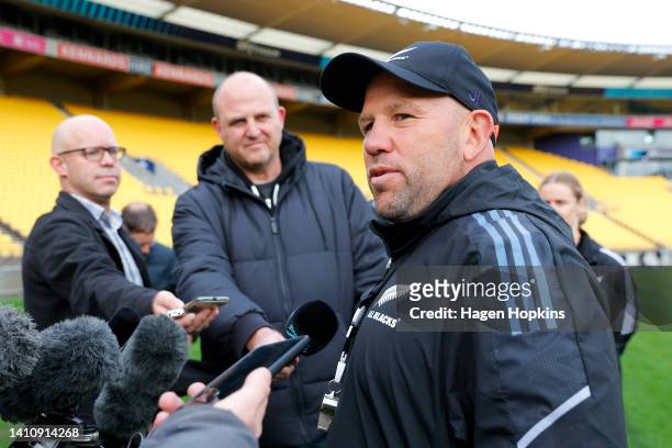 Assistant Coach Jason Ryan speaks to media during a New Zealand All Blacks Training Session at Sky Stadium on July 26, 2022 in Wellington, New...