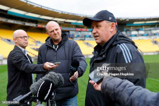 Coach Ian Foster speaks to media during a New Zealand All Blacks Training Session at Sky Stadium on July 26, 2022 in Wellington, New Zealand.