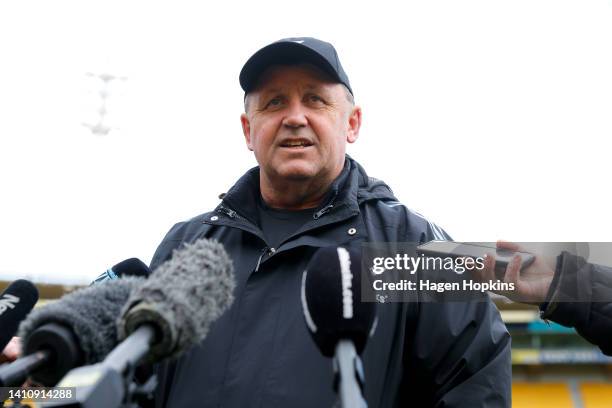 Coach Ian Foster speaks to media during a New Zealand All Blacks Training Session at Sky Stadium on July 26, 2022 in Wellington, New Zealand.