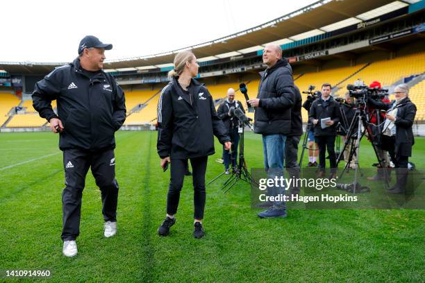 Coach Ian Foster is asked one last question as he leaves a media stand-up during a New Zealand All Blacks Training Session at Sky Stadium on July 26,...