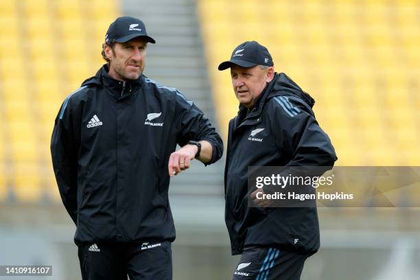 Strength and Conditioning Coach Nic Gill and Coach Ian Foster look on during a New Zealand All Blacks Training Session at Sky Stadium on July 26,...