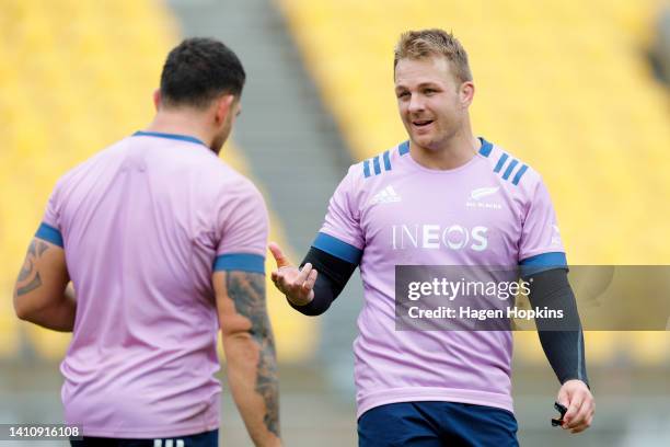 Sam Cane looks on during a New Zealand All Blacks Training Session at Sky Stadium on July 26, 2022 in Wellington, New Zealand.