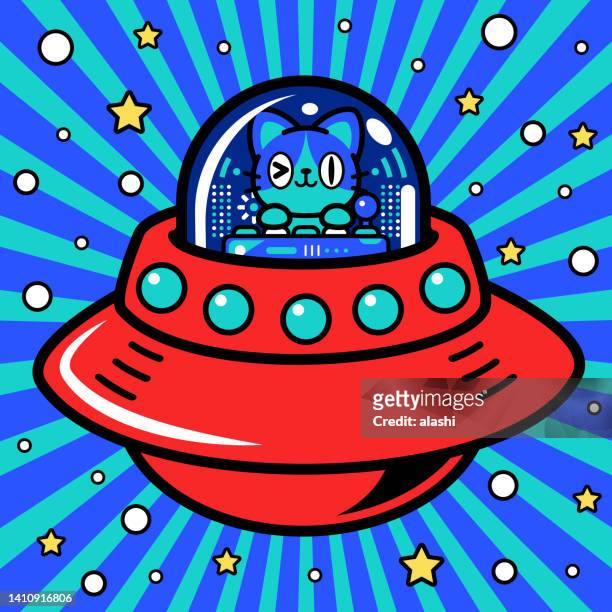 ein niedlicher katzenastronaut steuert ein unlimited power raumschiff oder ufo ins metaversum - cat vr stock-grafiken, -clipart, -cartoons und -symbole