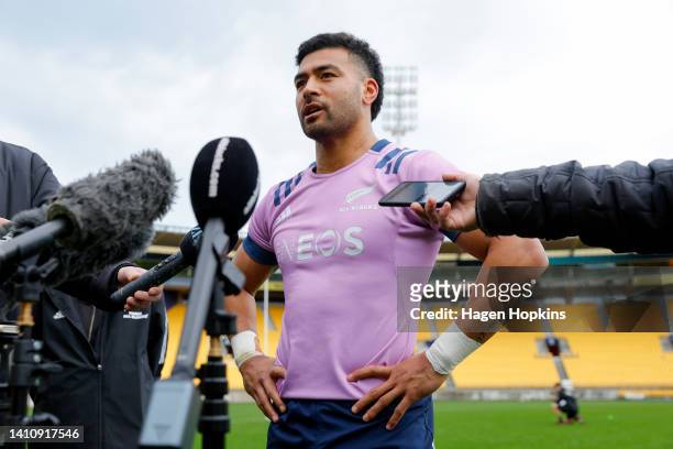 Richie Mo’unga speaks to media during a New Zealand All Blacks Training Session at Sky Stadium on July 26, 2022 in Wellington, New Zealand.