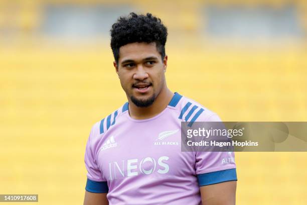 Leicester Fainga’anuku looks on during a New Zealand All Blacks Training Session at Sky Stadium on July 26, 2022 in Wellington, New Zealand.