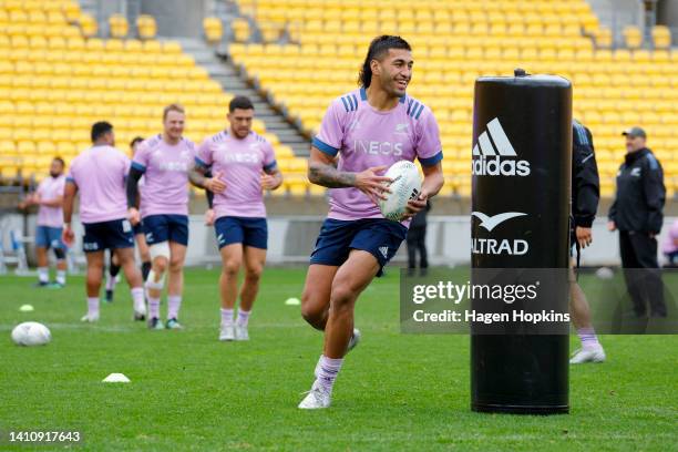 Rieko Ioane in action during a New Zealand All Blacks Training Session at Sky Stadium on July 26, 2022 in Wellington, New Zealand.