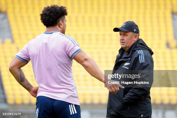 Ardie Savea talks to Coach Ian Foster during a New Zealand All Blacks Training Session at Sky Stadium on July 26, 2022 in Wellington, New Zealand.