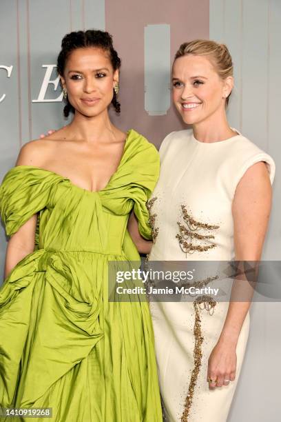 Gugu Mbatha-Raw and Reese Witherspoon attend Apple TV+'s "Surface" New York Premiere at The Morgan Library on July 25, 2022 in New York City.