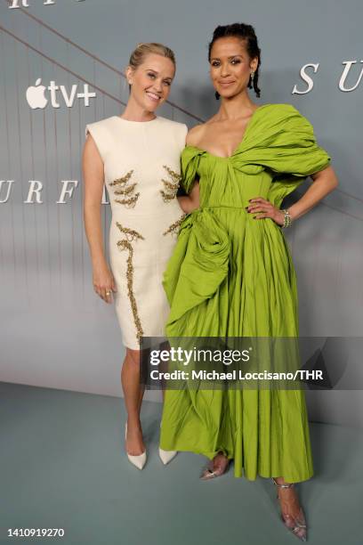 Gugu Mbatha-Raw and Reese Witherspoon attend Apple TV+'s "Surface" New York Premiere at The Morgan Library on July 25, 2022 in New York City.