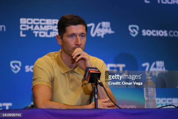Robert Lewandowski speaks during a press conference ahead of a match between FC Barcelona and Juventus FC at Cotton Bowl on July 25, 2022 in Dallas,...