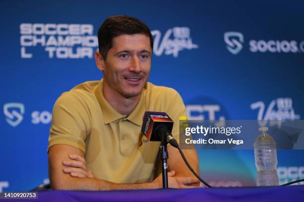 Robert Lewandowski speaks during a press conference ahead of a match between FC Barcelona and Juventus FC at Cotton Bowl on July 25, 2022 in Dallas,...