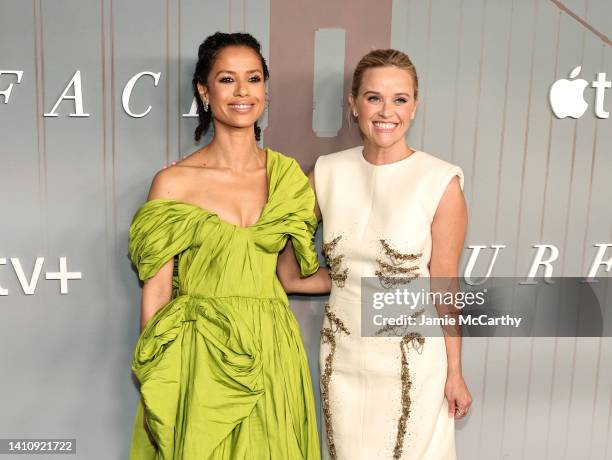 Gugu Mbatha-Raw and Reese Witherspoon attend Apple TV+'s "Surface" New York Premiere at The Morgan Library on July 25, 2022 in New York City.