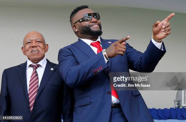 Inductees David Ortiz and Tony Oliva look on during the Baseball Hall of Fame induction ceremony at Clark Sports Center on July 24, 2022 in...
