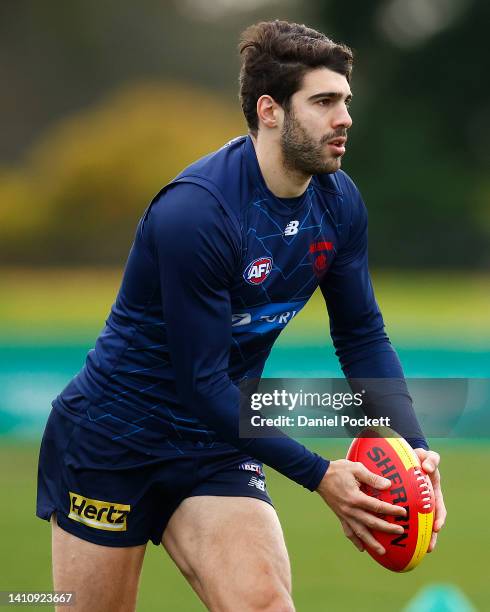 Christian Petracca of the Demons in action during a Melbourne Demons AFL training session at Casey Fields on July 26, 2022 in Melbourne, Australia.