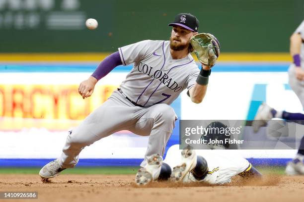 Brendan Rodgers of the Colorado Rockies tags out Luis Urias of the Milwaukee Brewers trying to steal second base in the fifth inning of the game at...