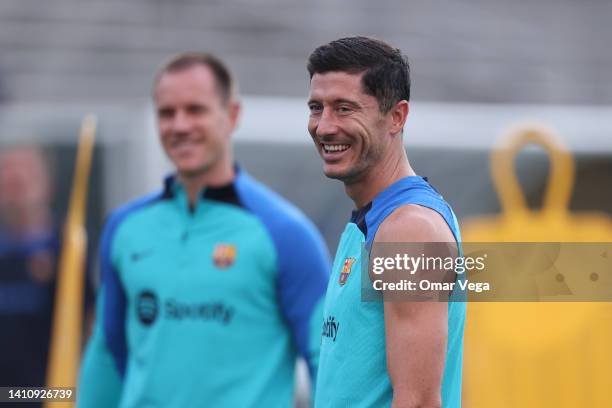 Robert Lewandowski of Barcelona smiles during a training session ahead of a match between FC Barcelona and Juventus FC at Cotton Bowl on July 25,...