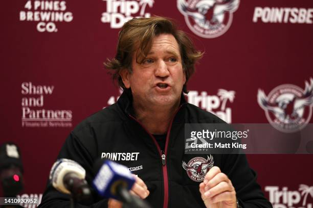 Sea Eagles coach Des Hasler speaks to the media during a Manly Warringah Sea Eagles NRL media opportunity at 4 Pines Park on July 26, 2022 in Sydney,...