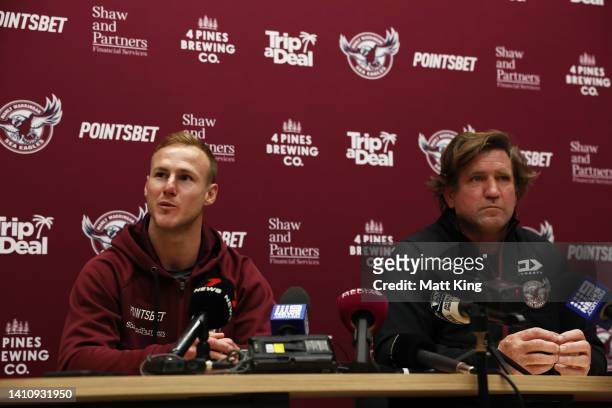 Daly Cherry-Evans of the Sea Eagles and Sea Eagles coach Des Hasler speak to the media during a Manly Warringah Sea Eagles NRL media opportunity at 4...