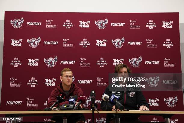 Daly Cherry-Evans of the Sea Eagles and Sea Eagles coach Des Hasler speak to the media during a Manly Warringah Sea Eagles NRL media opportunity at 4...