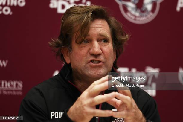 Sea Eagles coach Des Hasler speaks to the media during a Manly Warringah Sea Eagles NRL media opportunity at 4 Pines Park on July 26, 2022 in Sydney,...