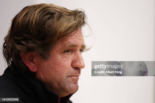Sea Eagles coach Des Hasler speaks to the media during a Manly Warringah Sea Eagles NRL media opportunity at 4 Pines Park on July 26, 2022 in Sydney,...