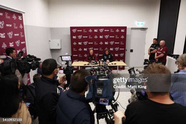 Daly Cherry-Evans of the Sea Eagles and Sea Eagles coach Des Hasler speak to the media during a Manly Warringah Sea Eagles NRL media opportunity at 4...